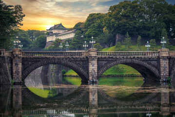 Imperial Palace and Nijubashi Bridge at sunset in Tokyo, Japan.