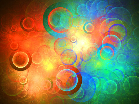 Imagen de arte fractal digital compuesto de c&iacute;rculos oscuros en una niebla de colores c&aacute;lidos mostrando un todo con aspecto de ser la explosion de vida de formas esf&eacute;ricas.