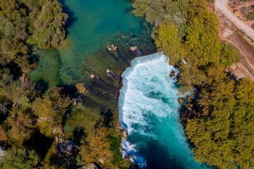 Aerial top view Manavgat waterfall Antalya, Turkey drone photo