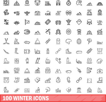 100 winter icons set. Outline illustration of 100 winter icons vector set isolated on white background