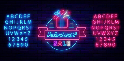 Valentines Day Sale neon label. Circle frame with present and ribbon. February special offer. Vector stock illustration