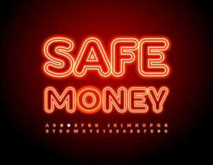 Vector business emblem Safe Money. Bright neon Font. Glowing Alphabet Letters and Numbers