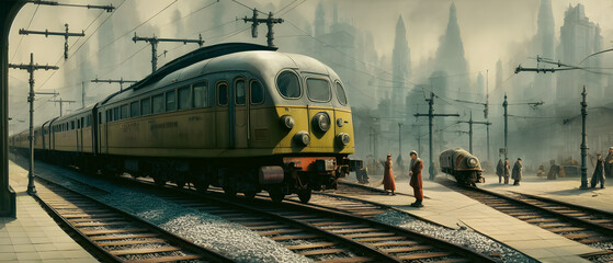 Artistic concept illustration of a retro fantasy train in the city, background illustration.