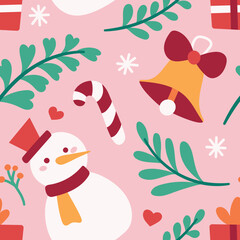 Vector decorative Christmas seamless pattern. Cute illustration with snowman, leaves, xmas elements for greeting cards, social media post, print design.