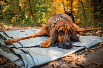 Closeup of an adorable Bloodhound resting in a park - obrazy, fototapety, plakaty