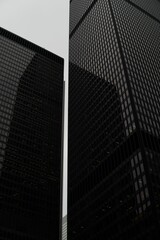 Fototapeta na wymiar Vertical grayscale shot of skyscrapers in the financial district of Toronto, Canada
