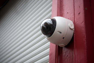 Closeup of little security camera on srore front in the street