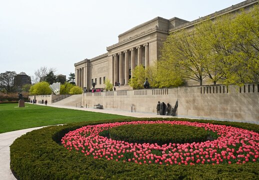 Nelson Atkins Museum at peak of tulip season, beautiful art exhibit grounds