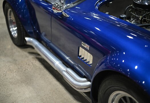 Closeup Shot Of A Blue Shelby Cobra 427 Classic Vintage Sportscar, Retro Beauty