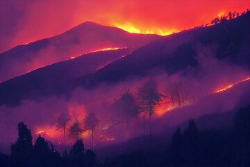 Forest fire, glow from the fire over the forests in the night. A raging flame that destroys everything in its path. Natural disaster, global warming.
