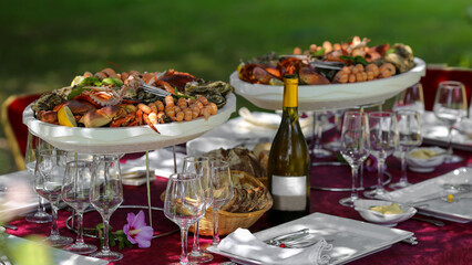 Plateaux de fruits de mer sur une table dressée dans un jardin pour un repas de famille - obrazy, fototapety, plakaty