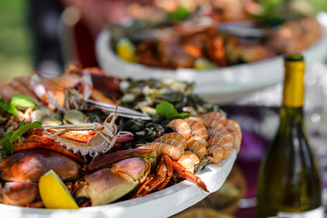 Plateaux de fruits de mer sur une table dressée dans un jardin pour un repas de famille