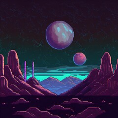 Pixel art game location. Cosmic area, planet surface
