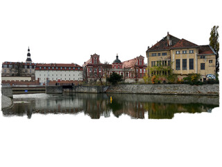 Fototapeta na wymiar River in the city. Panorama of the town. The historic architecture of the old town. Historic buildings on the banks of the river. The center of the old town. Wroclaw, Poland.