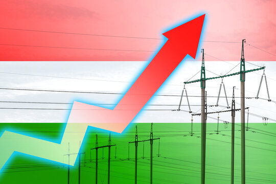 Power line and graph on background of the flag of Hungary. Energy crisis. Concept of global energy crisis. Increase in electricity consumption. Arrow on the chart moves up - Powered by Adobe