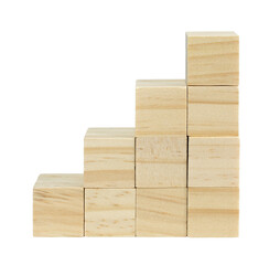 Close up at wood cube arrange in staircase shape, business concept.