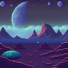 Pixel art game location. Cosmic area, planet surface