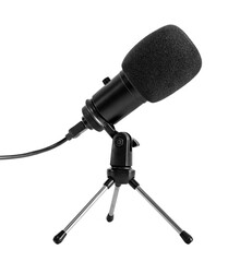 Professional microphone on a desktop stand.