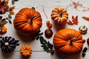 Festive autumn background, Illustration of pumpkins, berries, and leaves
