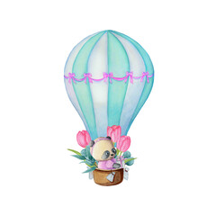 Cute panda is flying in a balloon surrounded by flowers.