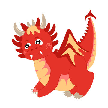 Dragon kid. Funny baby dragon, cute magic lizard with wings and horns. Fairytale monsters. Vector illustration