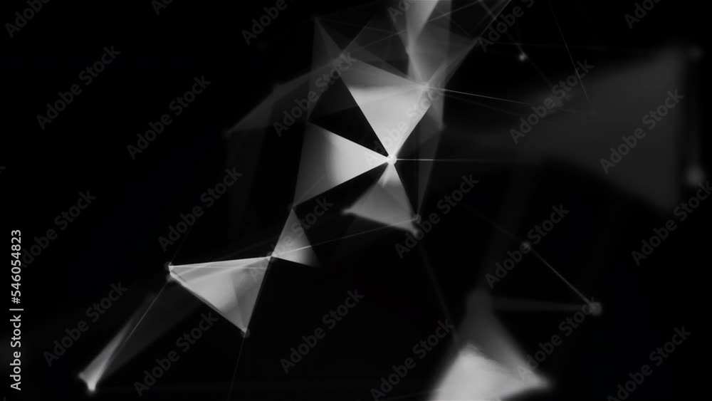 Poster monochrome plexus triangles creating transforming figure. motion. black and white transparent flying
