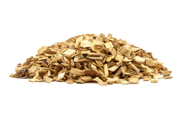 Wood chips for smocking isolated on white. Natural apricot wood smoking chunks