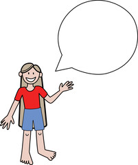 Cute girl in cartoon style. She says something she has a cloud for text. A character for an article or packaging.
