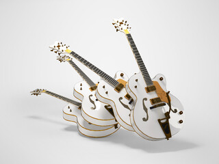 3D illustration of group of semi-acoustic electric guitars on gray background with shadow