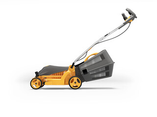 3d illustration of orange professional electric lawnmower with grass catcher side view on white background with shadow
