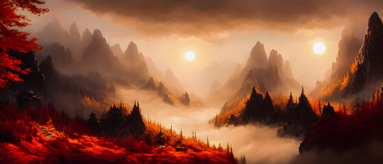 Artistic concept painting of a beautiful wilderness mountain landscape, Tender and dreamy design, background illustration