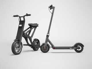 3d illustration of group of electric scooters for walking around the city on gray background with shadow