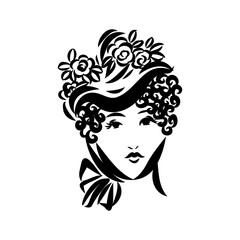 Hand-drawn simple vector drawing in black outline. Lady in vintage dress. Historical fashion. Ink sketch.