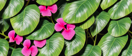 Fototapeta premium Seamless pattern of Tropical leaves and flowers,, background illustration.