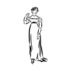 Hand-drawn simple vector drawing in black outline. Lady in vintage dress. Historical fashion. Ink sketch.