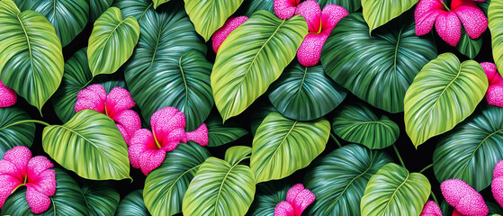 Fototapeta na wymiar Seamless pattern of Tropical leaves and flowers,, background illustration.
