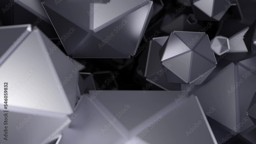 Poster space with many polygonal shapes. design. polygonal geometric shapes move in stream on black backgro