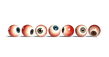seven realistic human eyes with different iris, isolated on white background. 3d render