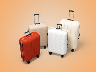 3d illustration of set of suitcases on wheels for tourist vacations isolated on orange background with shadow