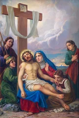Tuinposter VARALLO, ITALY - JULY 17, 2022: The painting of Pieta (Deposition) in the church Basilica del Sacro Monte by Emilio Contini from 20. cent. © Renáta Sedmáková