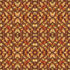 Autumn leaves woodland seamless pattern. Brown retro kaleidoscopic textile print. Backdrop of vintage ornate forest wallpaper. Garden botanical print. 