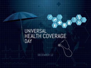 International Health Coverage Day Uniersal. December 12.
Umbrella as a symbol of coverage along with medical icons .
.