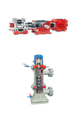 longitudinal and cross sections of two industrial pumps for pumping gas isolated on white background
