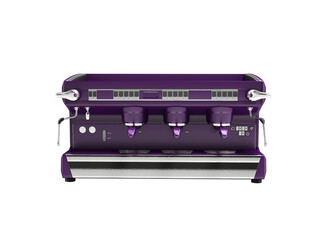 3D illustration of purple professional coffee machine and cappuccino maker on white background no shadow