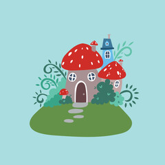 Mushroom house in the enchanted forest. Fairy forest with magical objects and wonders. Bright flat vector illustration.