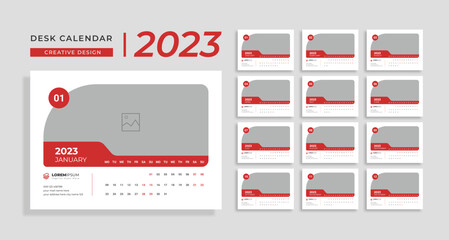 Red Desk Calendar 2023, template for annual calendar 2023, 12 months included