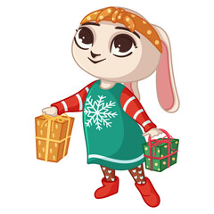Cute bunny in a Christmas dress with gifts, new year vector illustration isolated on white background. New Year's character, symbol of the year, bunny, rabbit.
