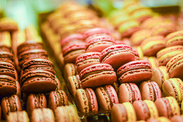 Colorful french macarons being laid on the display