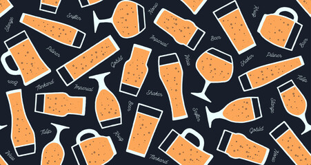 Seamless pattern, beer placemat. Seamless pattern with beer glassware types. Graphic design print for bar, pub, restaurant, beer theme. Beer placemat and graphic design print. Vector Illustration