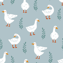 Trendy pattern with cute white gooses and leaves. Seamless scandinavian geese pattern. Vector domestic goose background. Funny rustic print. Vector illustration.